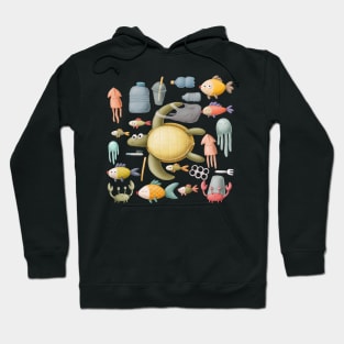 Plastic ocean with turtle and fishes. Hoodie